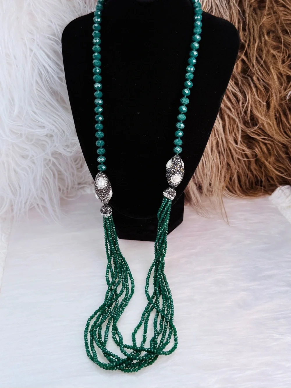 Emerald Green Multi Strand Faceted Bead Ornate Slip On Statement Necklace
